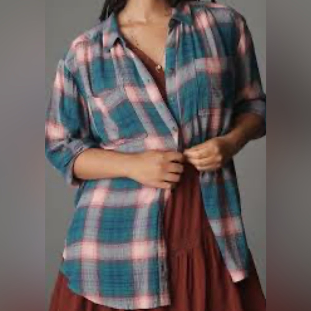 Anthropologie Pilcro Hadley Relaxed Plaid Button down Shirt back to school M